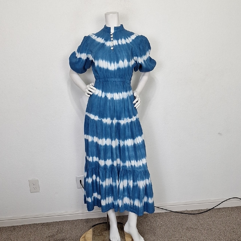 Sole by Mare Sole Amore Blue White Linen Blend Boho Tie Dye Maxi Dress Size XS